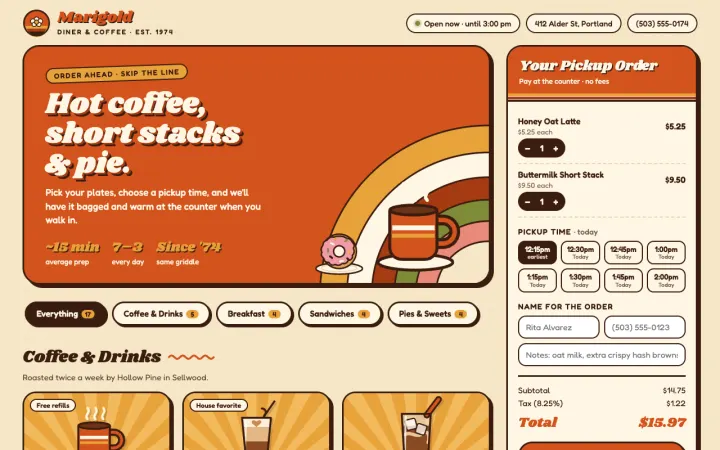 Cafe menu with pickup orders, made from the prompt below