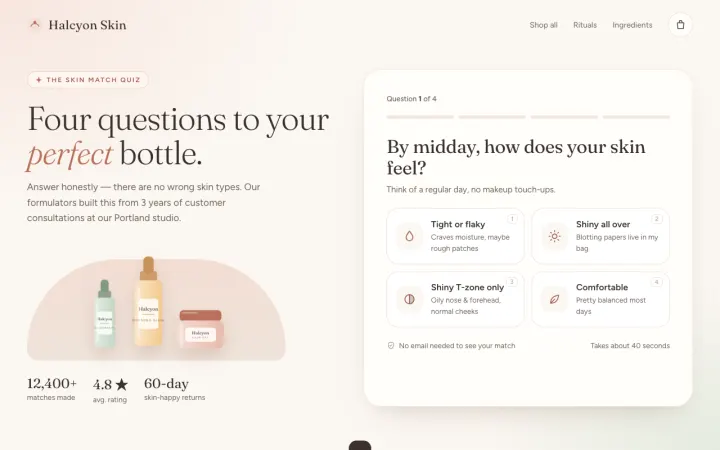 Quiz that recommends a product, made from the prompt below