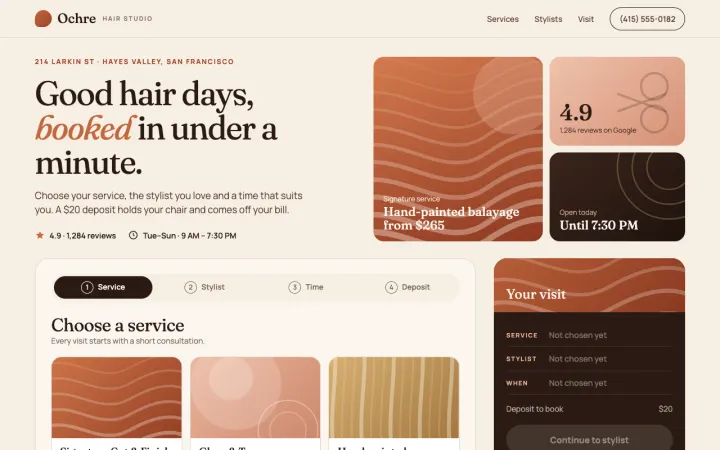 Booking page for a salon, made from the prompt below
