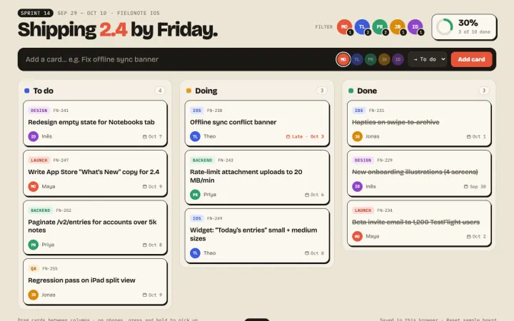 Task board your team drags cards on, made from the prompt below