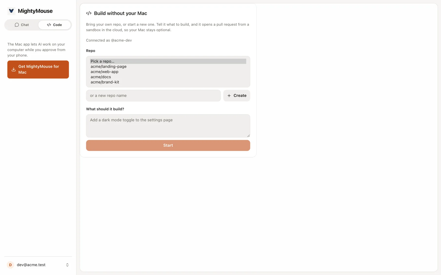 MightyMouse Code showing your GitHub projects and a place to describe what to build